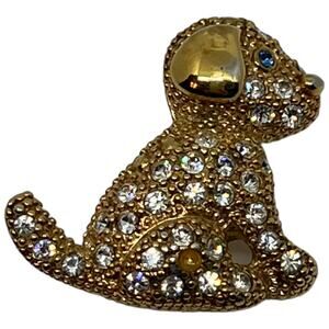 ROMAN Signed Vintage Puppy Dog Brooch Crystal Rhinestone Gold Tone Blue Eyes